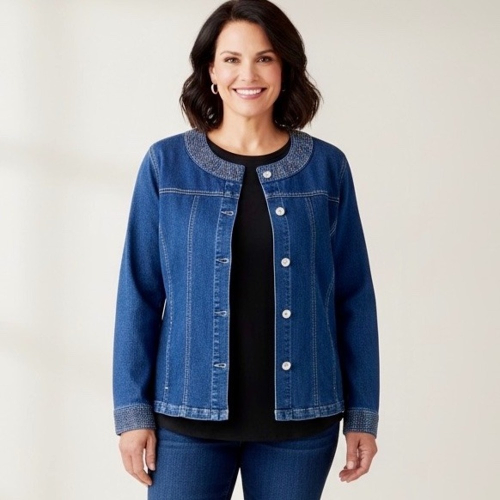 Quacker Factory Sequin Denim Jean Jacket Women Large Blue Studded Rhinestone